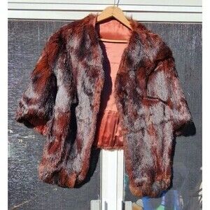 Natural Fur Shawl Wrap Sleeveless Cape Hook & Eye Closure Brown/Black Size S/M